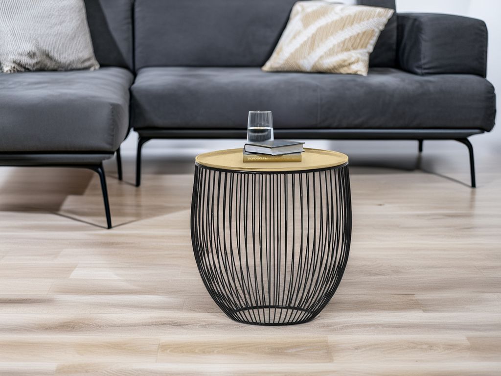 Couchtisch rund Schwarz Gold Korbtisch Beistelltisch Wohnzimmer für Sofas Ø 43cm