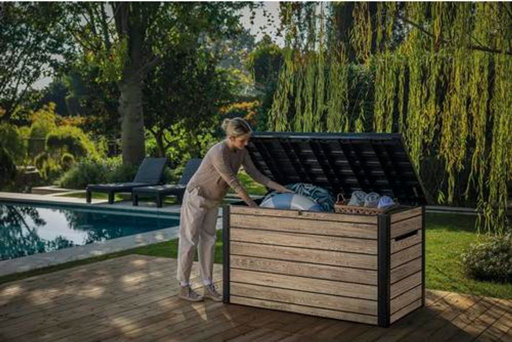 Aufbewahrungsbox Keter Ashwood 870 l inkl. Gasdruckfedern, Sitzgelegenheit 147 x 83 x 86 cm grau