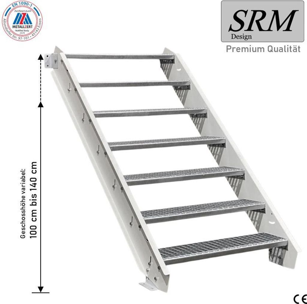 7 Stufen Stahltreppe Weiß Breite 90 cm Geschosshöhe 100 - 140 cm ohne Geländer