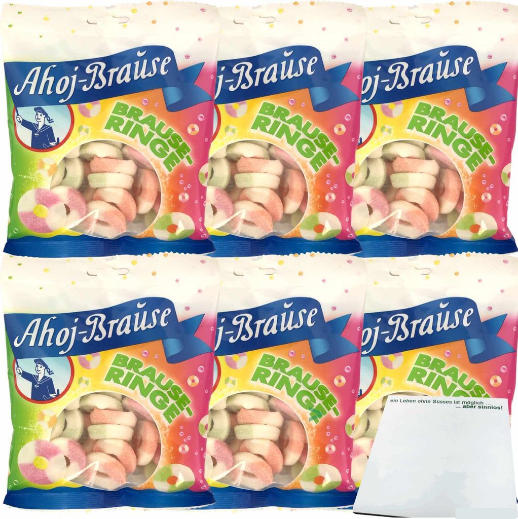 Ahoj-Brause Brause Ringe soft Prickelnd-Saure Fruchtgummi-Ringe mit Brause ummantelt 6er Pack (6x150g Tüte) + usy Block