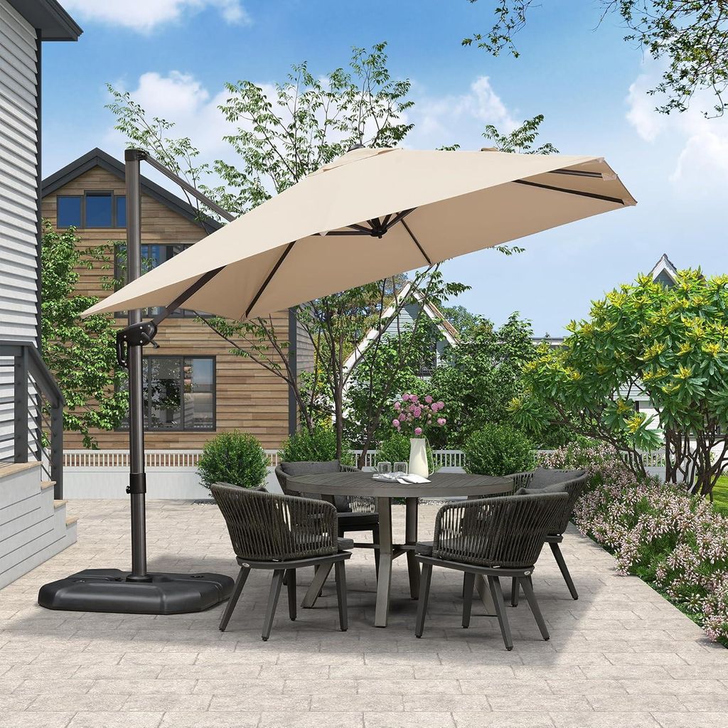 PURPLE LEAF Sonnenschirm 270 x 270 cm Groß Ampelschirm mit Kurbel 360-Grad Drehbar mit Fußpedal und Kreuzsockel für Terrasse, Beige