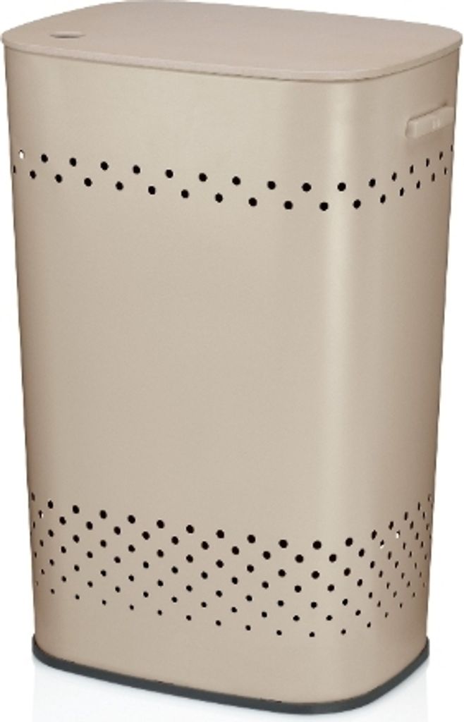 A beige laundry basket with a lid and perforated sides.
