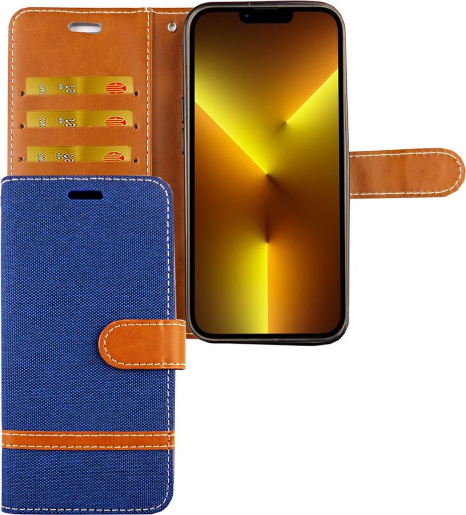 Apple iPhone 13 Tasche Handy Hülle Schutz-Cover Flip-Case mit Kartenfach, Farbe:Jeans Blau