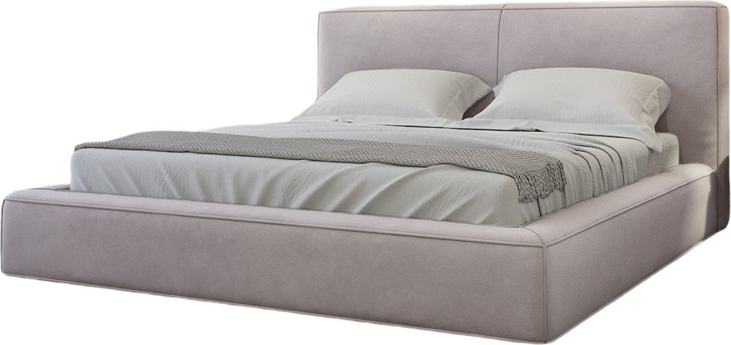A modern upholstered bed with a high headboard and a mattress, shown against a white background.