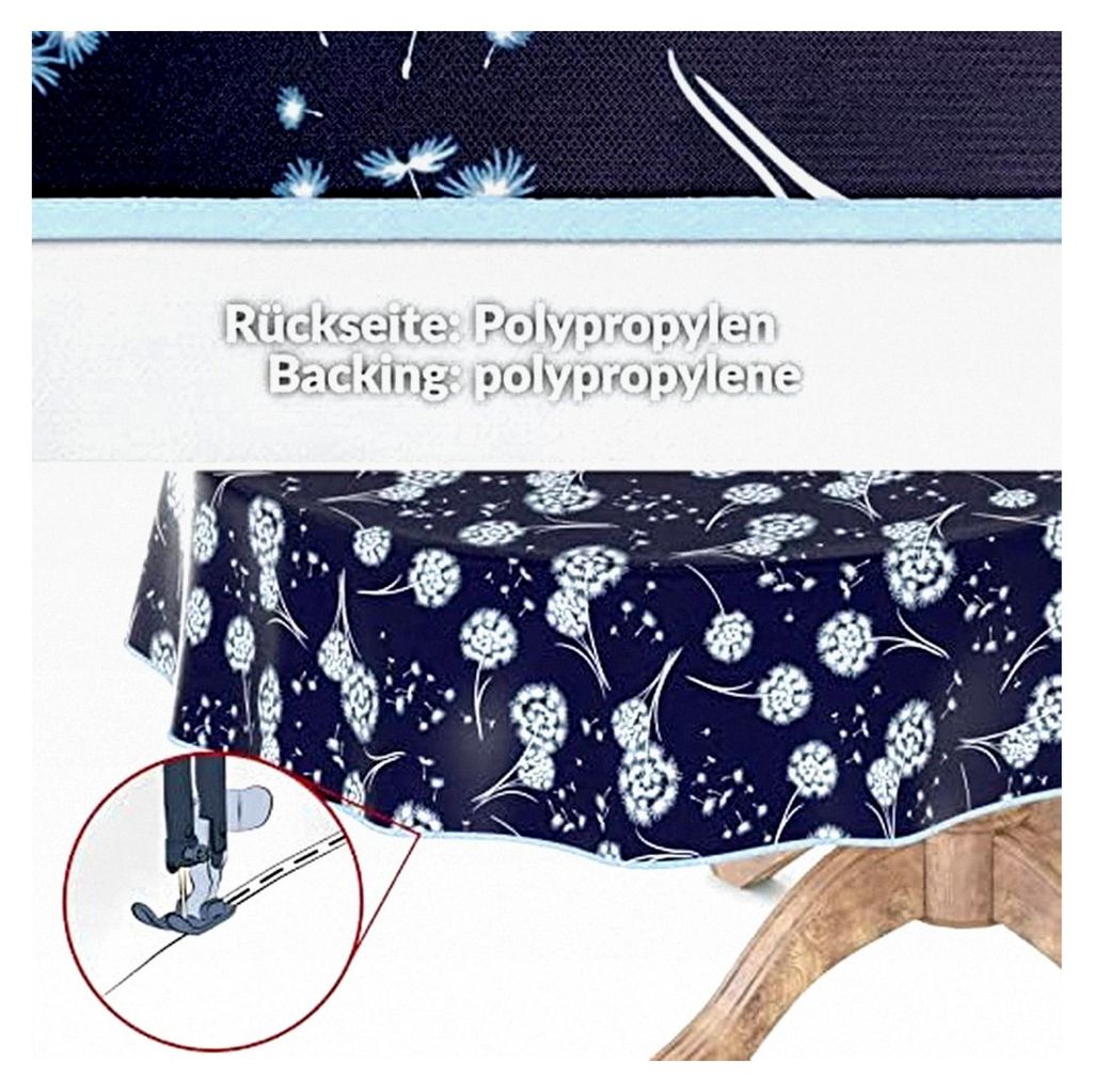 Wachstuchtischdecke abwaschbar für Gartentische, eckig, rund, oval, 140 x 160 cm mit Saum, Pusteblume Blau