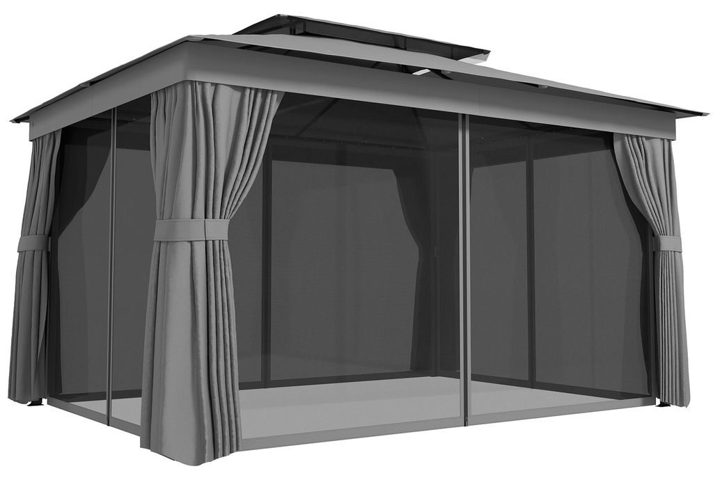 Pavillon 3,8x3m Wasserabweisend Stabil Winterfest Gartenpavillon mit Doppeldach Vorhänge Moskitonetz Haken Dunkelgrau