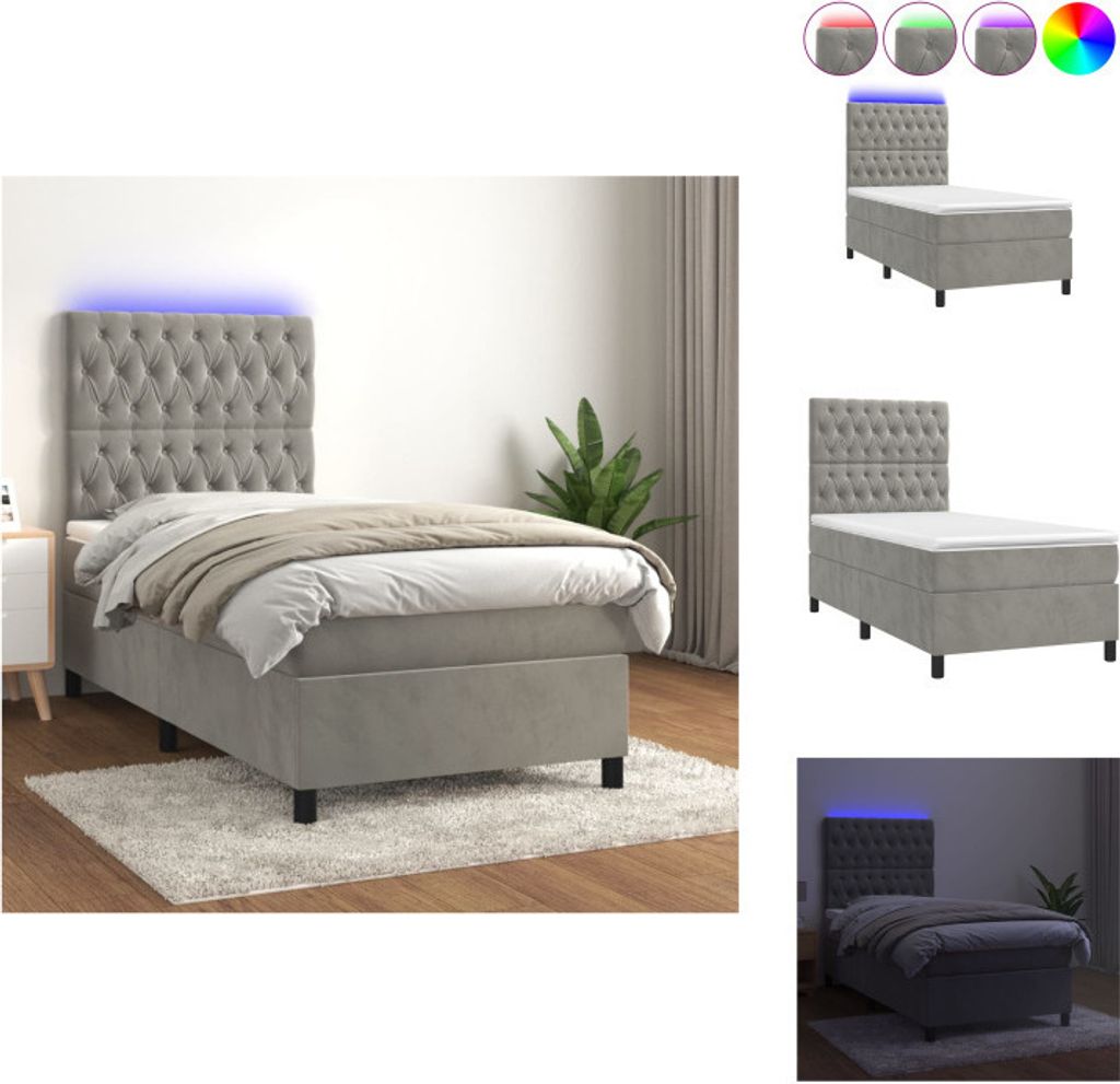 vidaXL Boxspringbett mit Matratze & LED Hellgrau 100x200 cm Samt - Betten & Bettgestelle