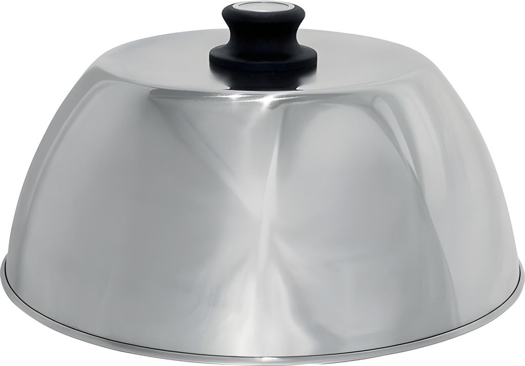 A stainless steel grill lid with a black handle is shown against a white background.