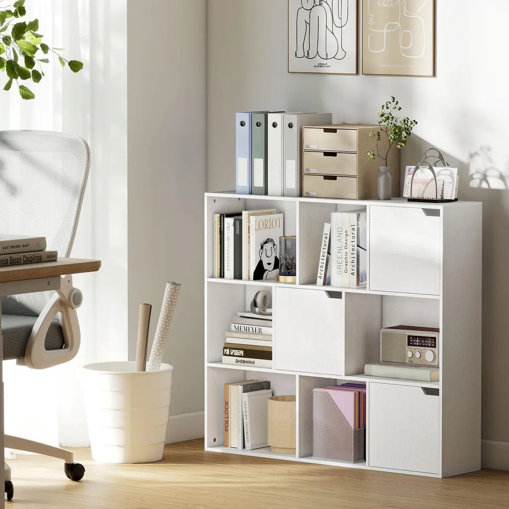 Bibliothèque design blanche 9 cases dont 3 compartiments fermés - 115cm