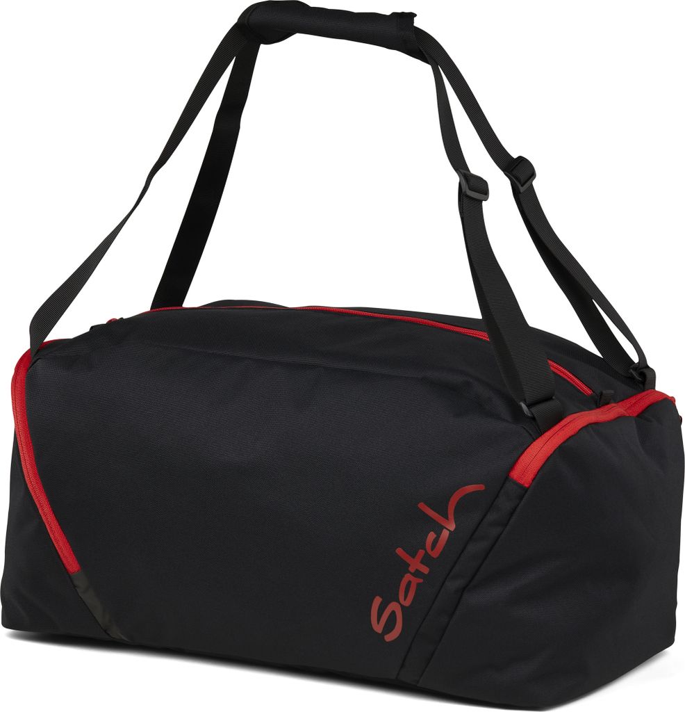 A black duffel bag with red trim and red branding on a white background.