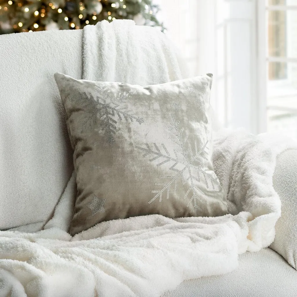 Eurofirany Federe Cuscino Divano 40x40 Cm - Motivo Natalizio Fiocchi Di Neve, Morbide E Decorativo, Confezione Da 2 In Argento