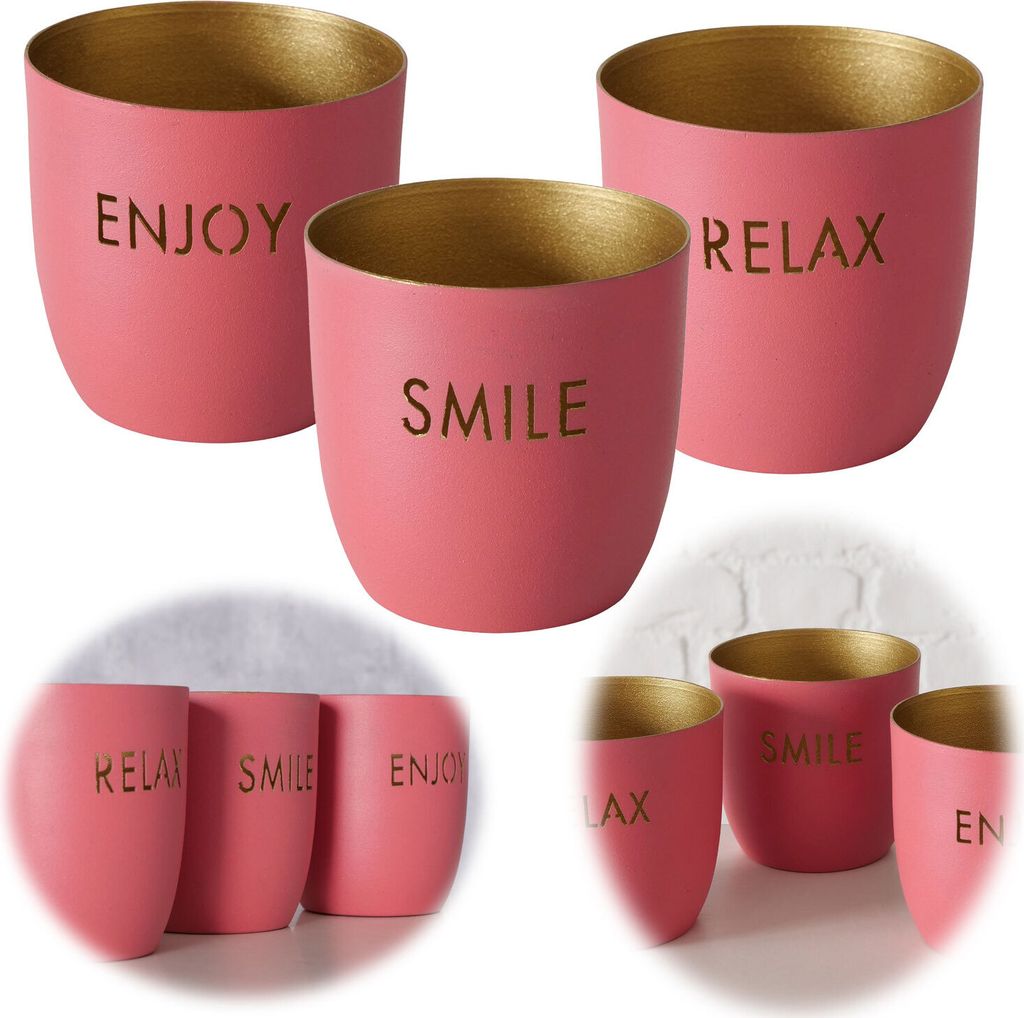 LS-LebenStil 3x Metall Teelichthalter Relax Enjoy Smile Rosa Gold 7x7cm Set Windlichthalter