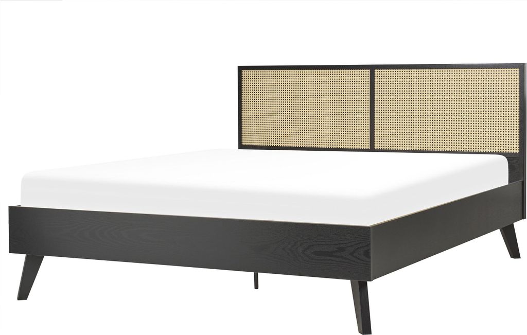 BELIANI Bett Schwarz Pappel-Faserplatte mit Lattenrost 160 x 200 cm Holzbeinen Hohem Kopfteil aus Wiener Geflecht Modern Schlafzimmer Möbel Doppel...