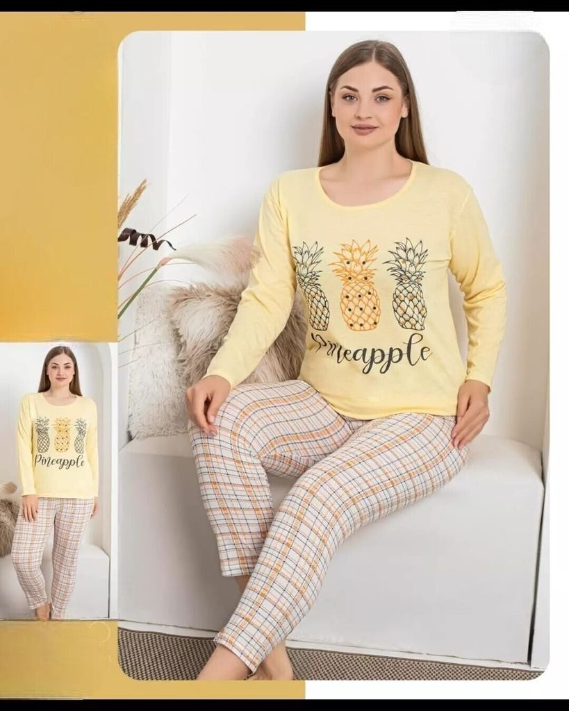 Damen Pyjama Schlafanzug Lang Gelb XXL 2-Teiler Set L-38 Produktbild 