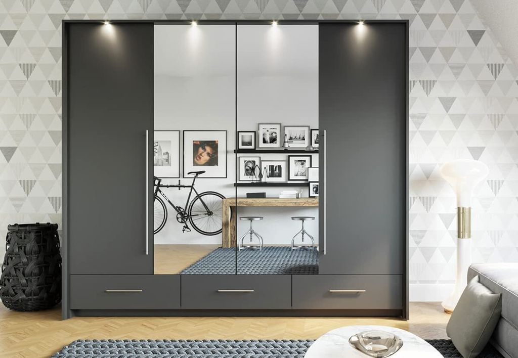 Kleiderschrank Toledo mit Spiegel 255 cm, Garderobeschrank Schlafzimmer; Wohnzimmerschrank; Korpus Schrank Farbe: Graphit; Farbe der Schrankfront: ...