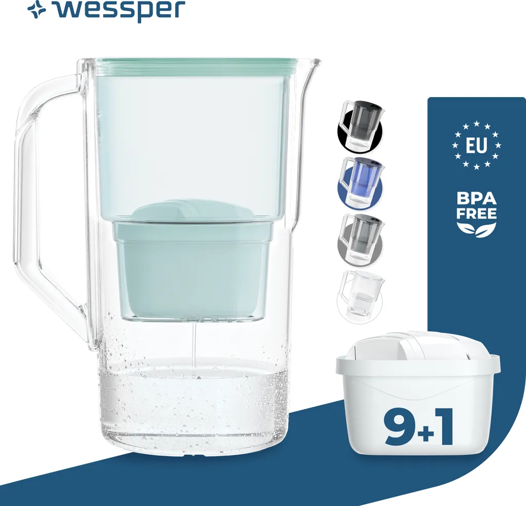 Caraffa filtrante Wessper 2,8 L Compatibile con Brita Maxtra, sistema di filtraggio dell'acqua per la riduzione del calcare e del cloro + 10x menta filtrante per acqua