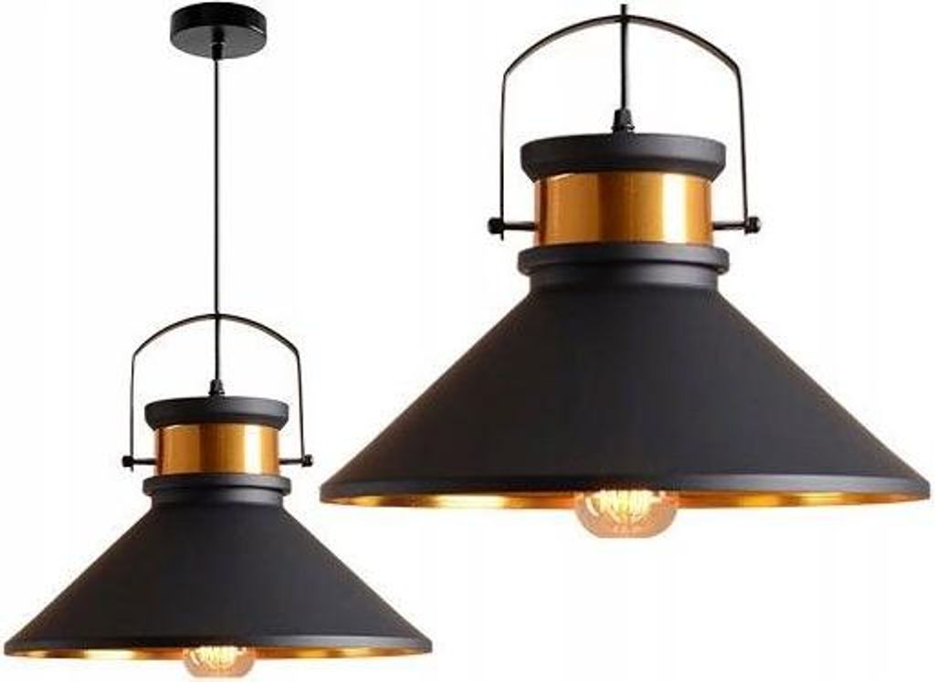 Two views of a black and gold pendant light.