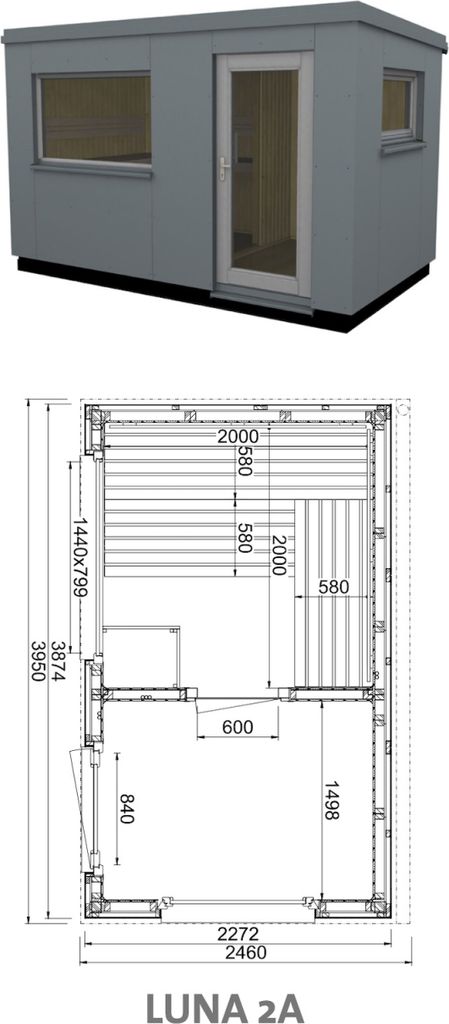 Infraworld Luna 2 Außensauna mit HPL-Platten Anthrazit versch. Fenstergrößen und Inneneinrichtung Luna 2A - Großes Fenster (BxH): 1440 x 799 mm
