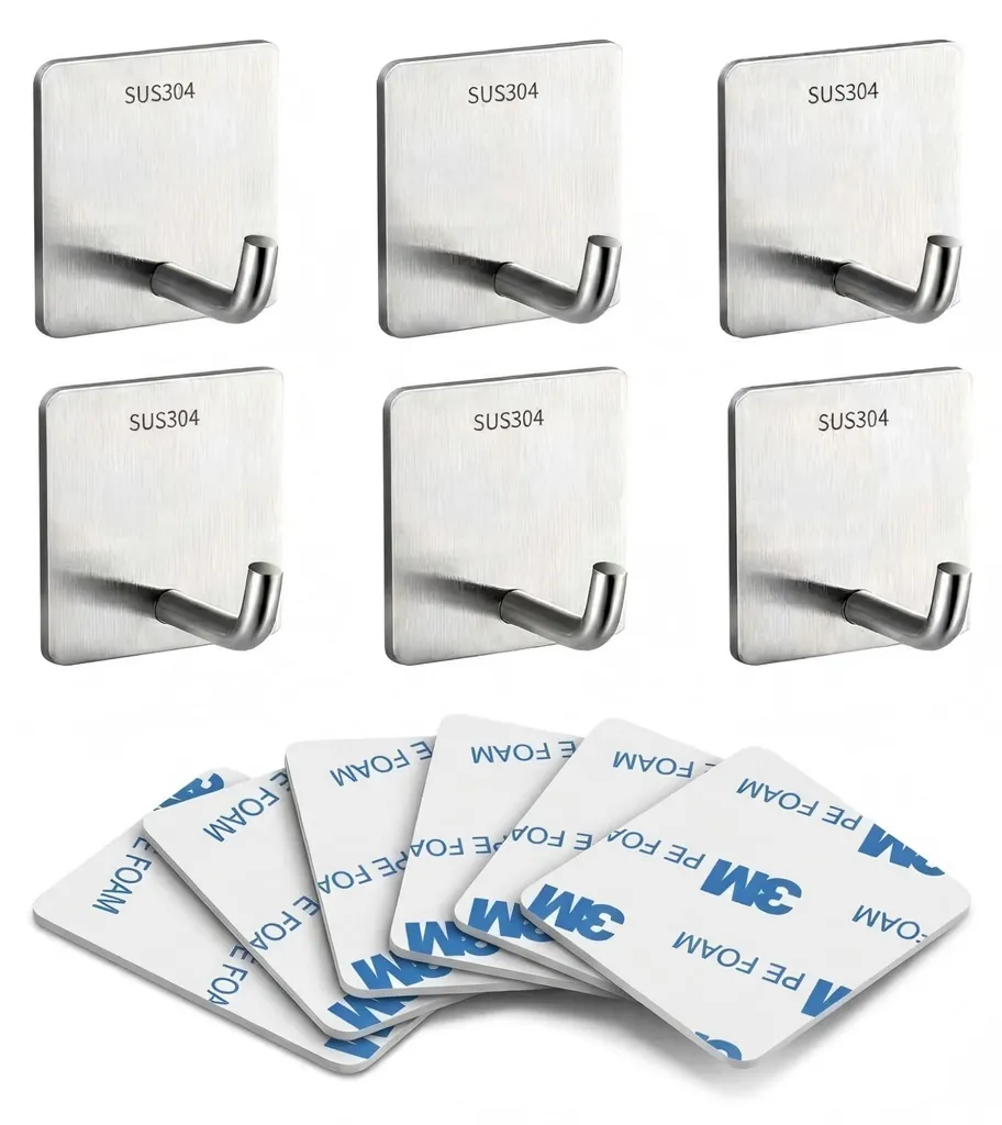 Lot de 6 Crochets Adhésifs 3M en Acier Inoxydable SUS304 Argent Brossé
