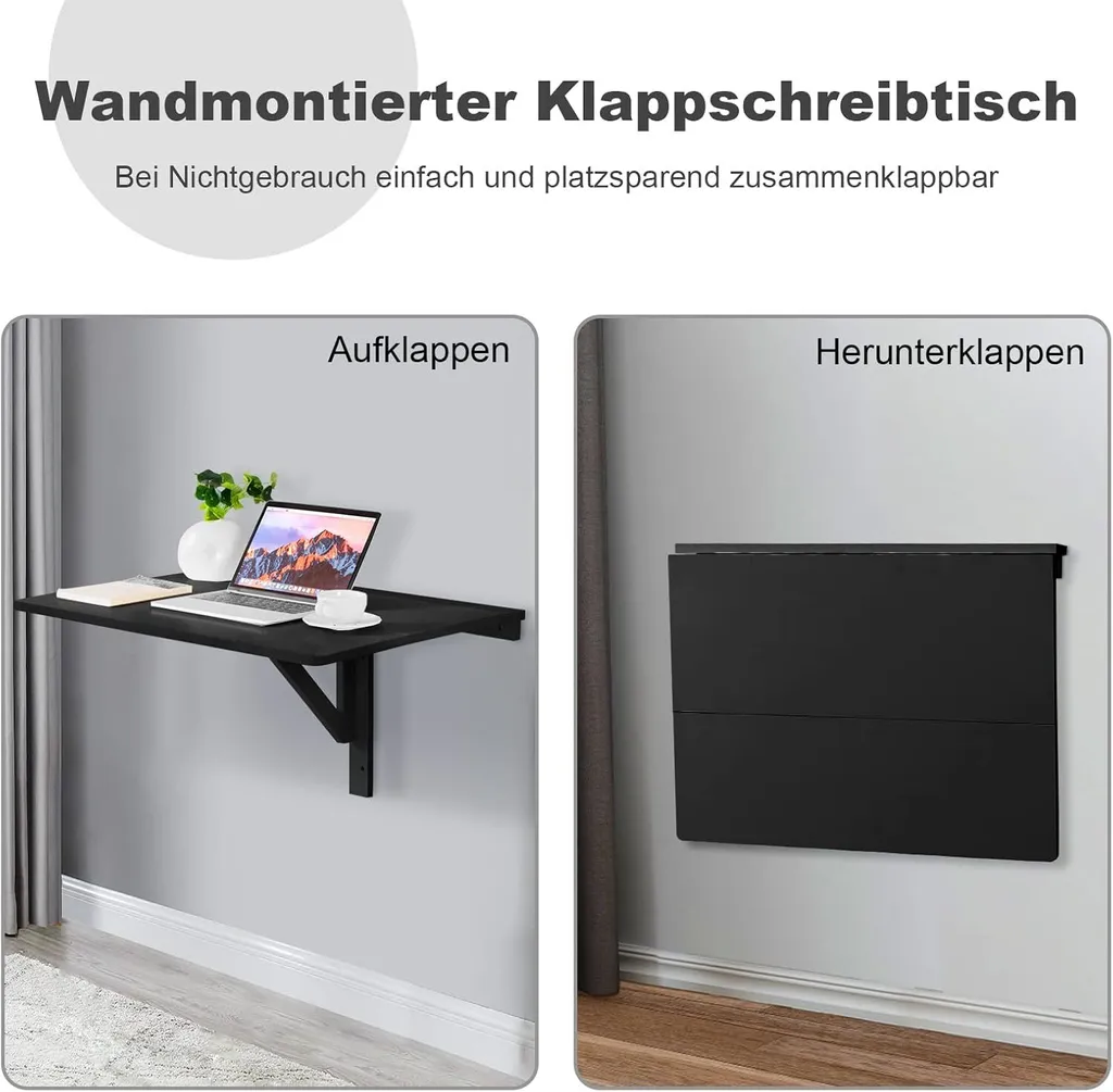 Table Murale Rabattable Noire 80x60cm - Plateau en Bois Robuste Compact