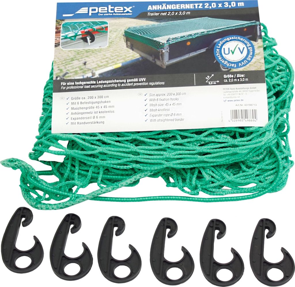 Anhängernetz/ Ladungsnetz 2,0 x 3,0 m, grün mit Befestigungshaken von PETEX