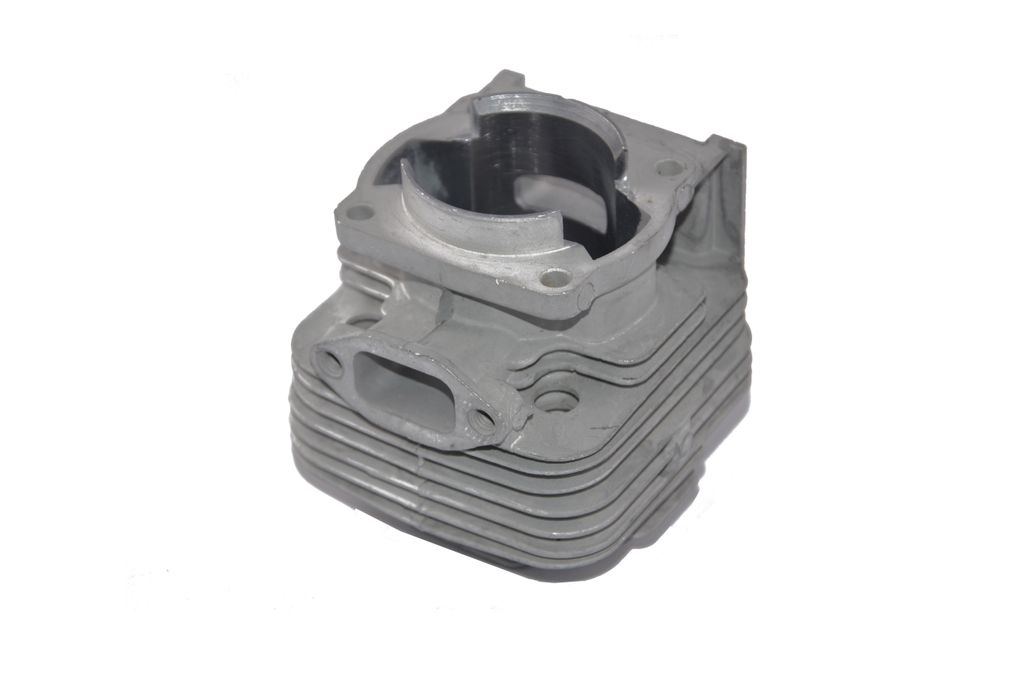 A single engine cylinder block with fins, shown at a slight angle on a white background.