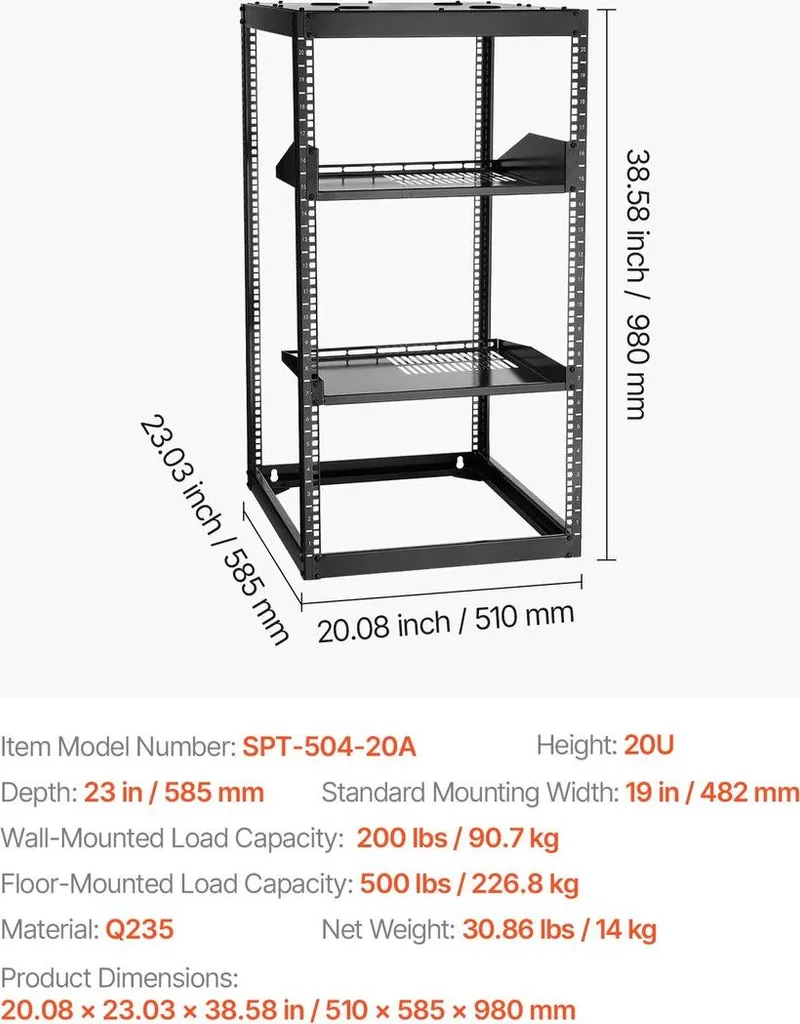 Rack ouvert 20U robuste profondeur 58,5cm avec étagères ventilées