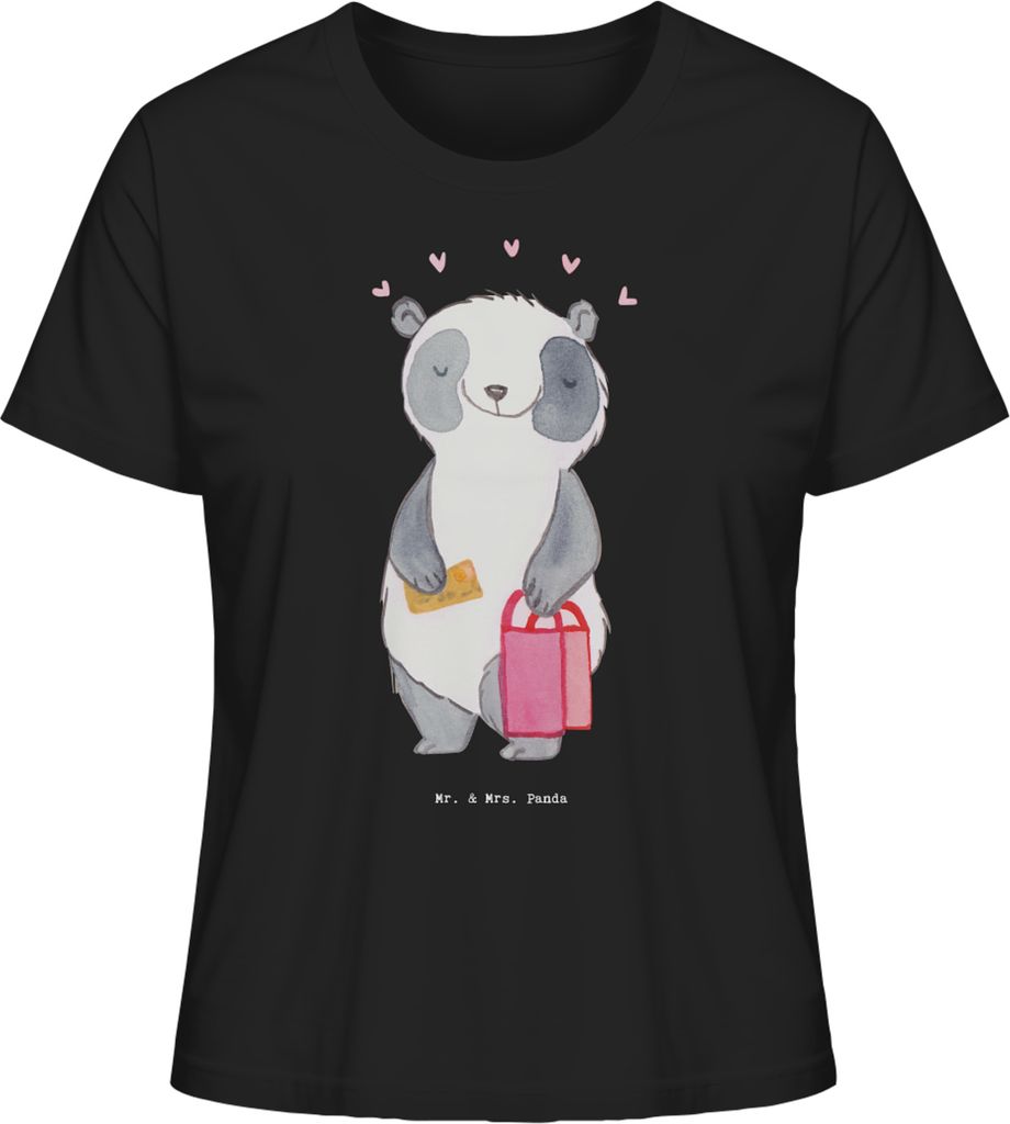 Mr. & Mrs. Panda Oberteil Damen Panda Shopping Größe L - Schwarz - Geschenk, Shoppen, Shirt, Basic T-Shirt, Baumwoll, Einkaufen, Mit Print