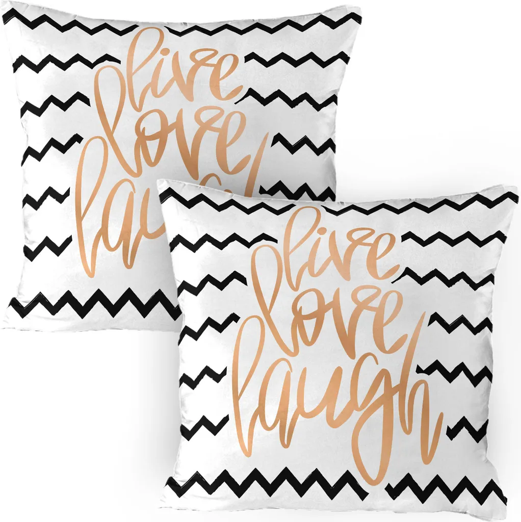 ABAKUHAUS Vivi, ridi, ama - Confezione da 2 federe, grafica calligrafica motivazionale con strisce a zig zag, federa decorativa stampata, 80x80 cm, bianco nero e pesca