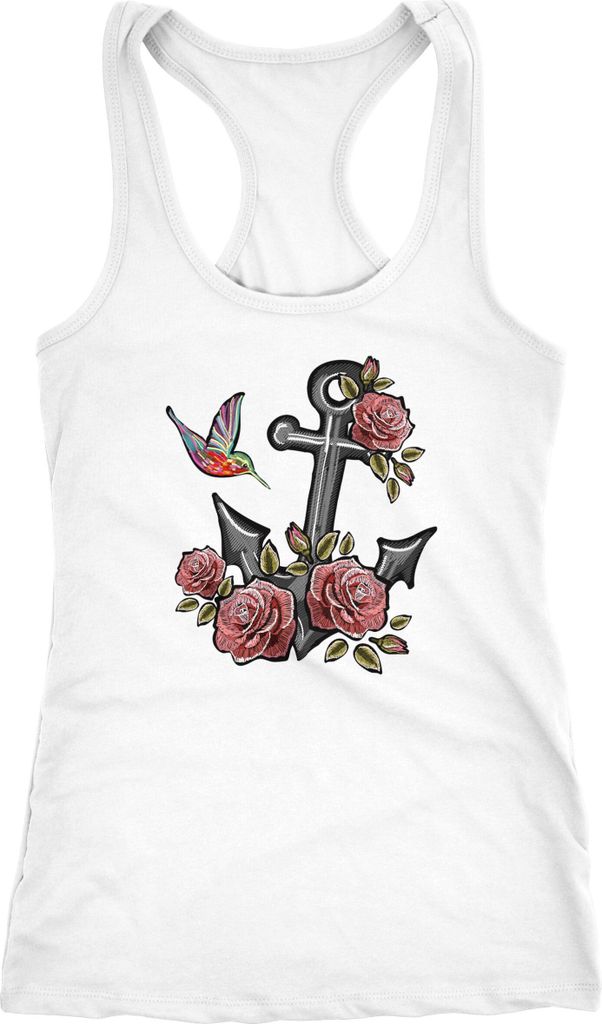 Damen Tank-Top Anker Rosen Patch Tropical Anchor Stick-Optik Racerback Neverless weiß XS