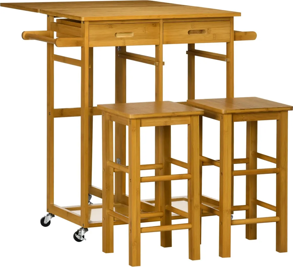 Set de bar pliable en bambou marron chocolat avec 2 tabourets et rangement