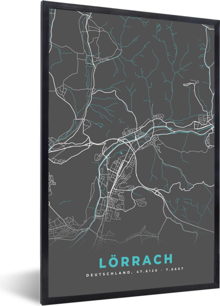 MuchoWow Gerahmtes Poster Deutschland - Blau - Lörrach - Stadtplan - Karte 40x60 cm - Poster mit Schwarzem Bilderrahmen Wandposter Rahmen Foto B...