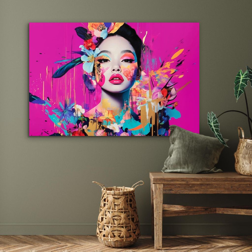 MuchoWow Wanddekoration Metall Metallbild Wandkunst 120x80 cm Frau - Porträt - Abstrakt - Lila MuchoWow Aluminium Gemälde - Alu Bild