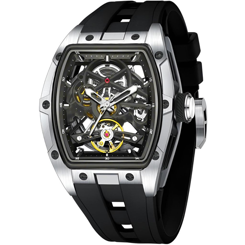 Automatikuhr Armbanduhr Herren Uhr Edelstahl Silikon Skelett Skelleton Rechteckig Silber