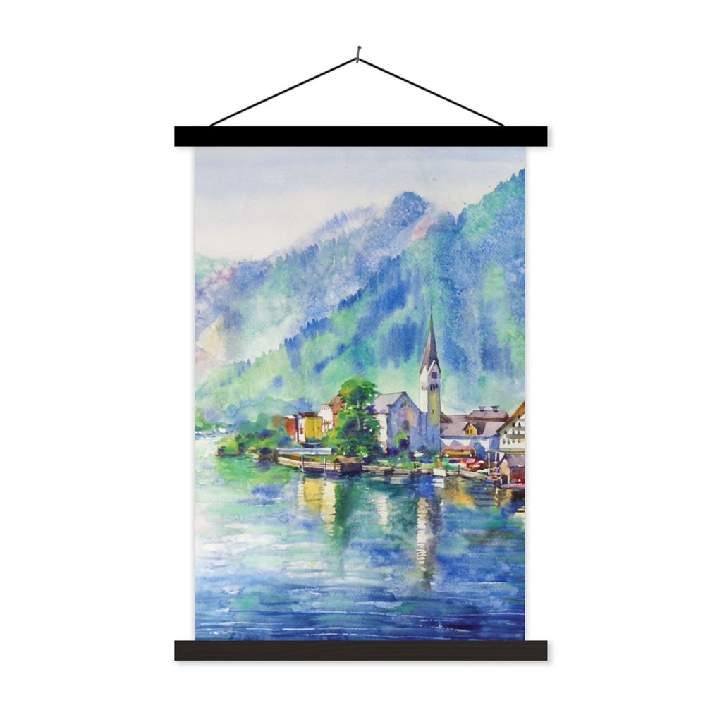 MuchoWow Textilposter Gemälde - Ölfarbe - Haus - Berge - Wasser 40x60 cm mit schwarzem Rahmen - Wanddekorationen