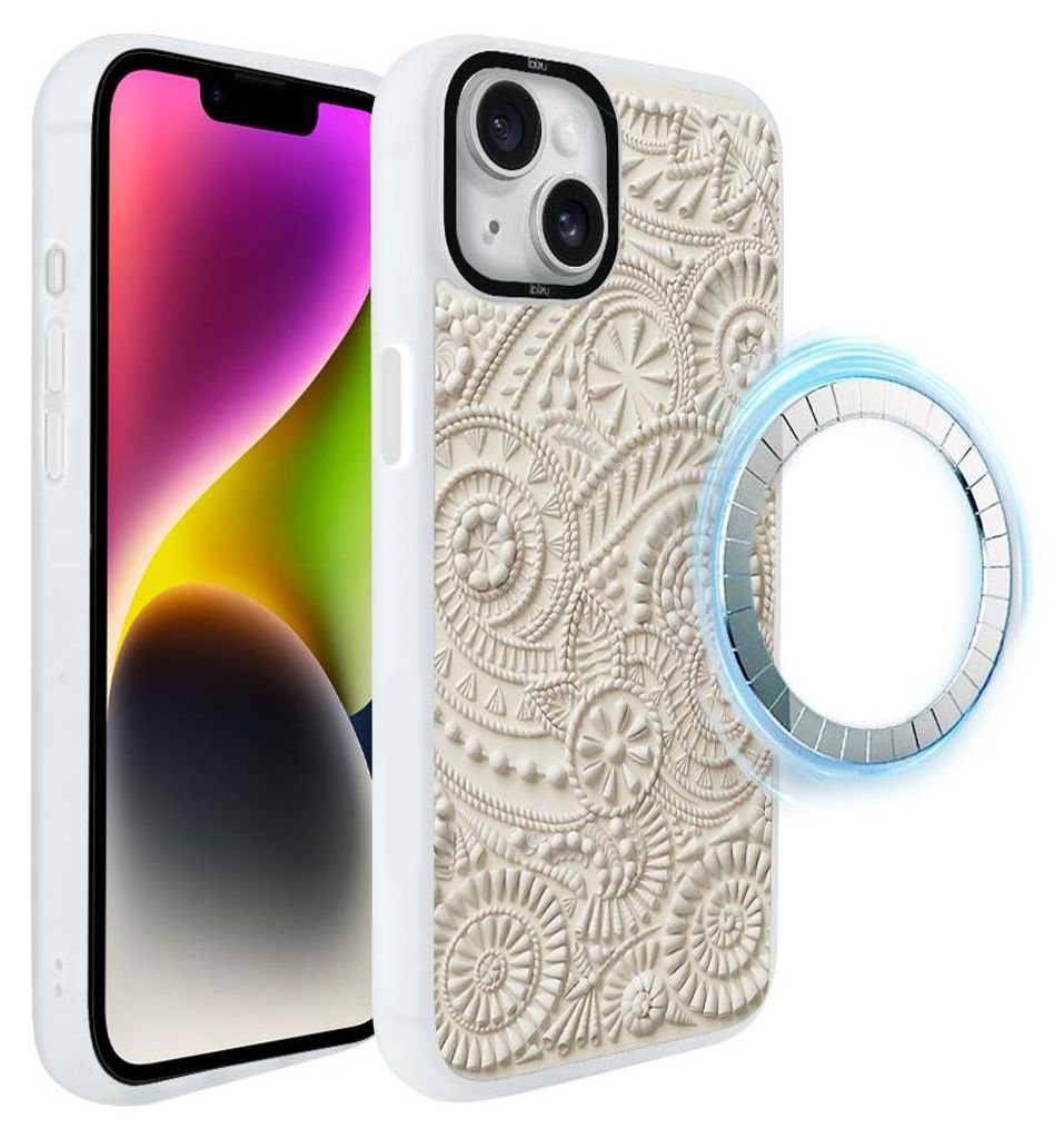Schutzhülle für das iPhone 14 Plus, MagSafe-kompatibel, mattweiße Seiten, Sanddekoration