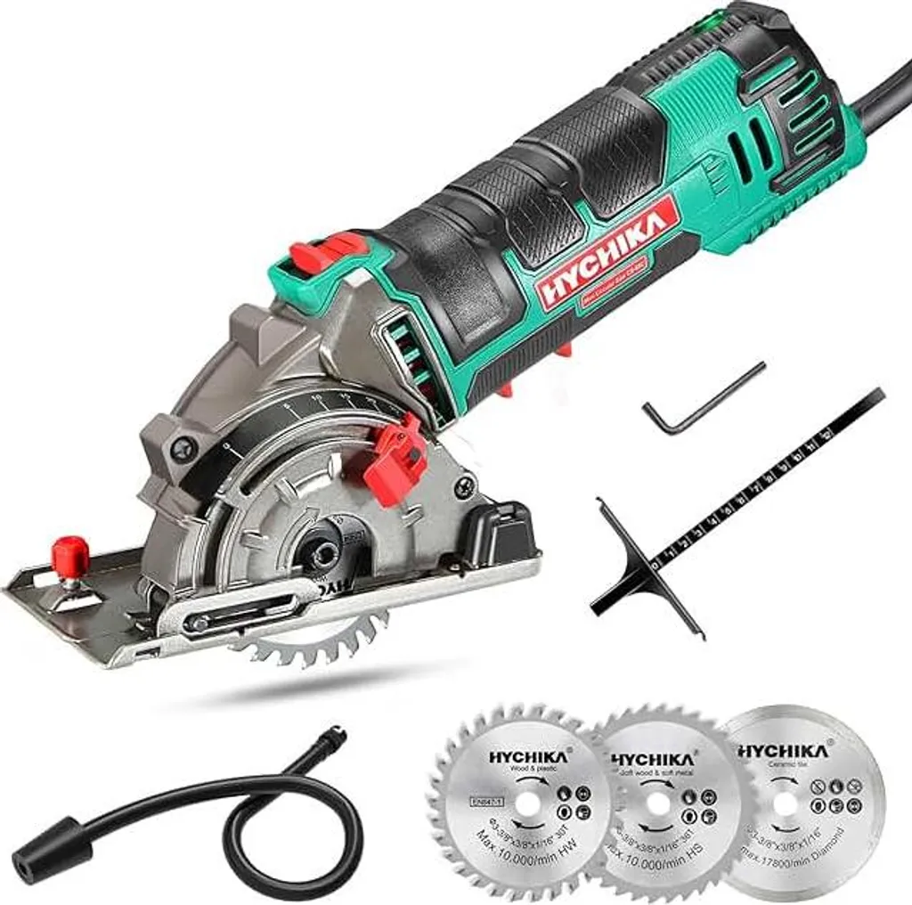 HYCHIKA Mini sega circolare, sega circolare manuale con 3 lame, righello graduato, motore in rame puro da 500 W, 4500 giri/min, ideale per tagliare legno, metalli morbidi, piastrelle e plastica