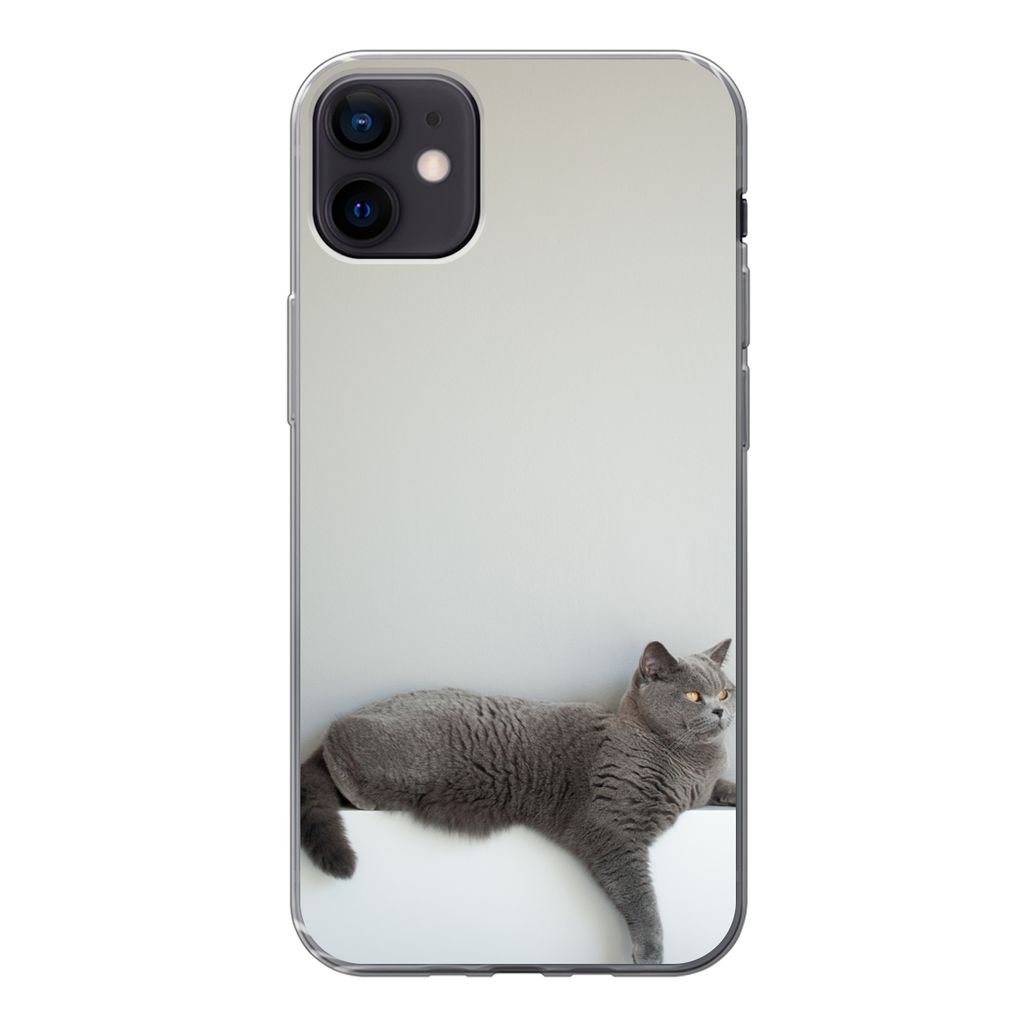 MuchoWow Handyhülle Schutzhülle Hülle für iPhone 12 mini Katze - Britisch Kurzhaar - Grau - Mädchen - Kinder - Jungen - Kinder Silikon Softc...