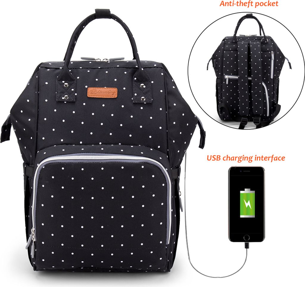 Mama Reiserucksack Große Windel Wickeltasche Baby Stillbeutel mit USB-Anschluss,(Schwarze Punkte)