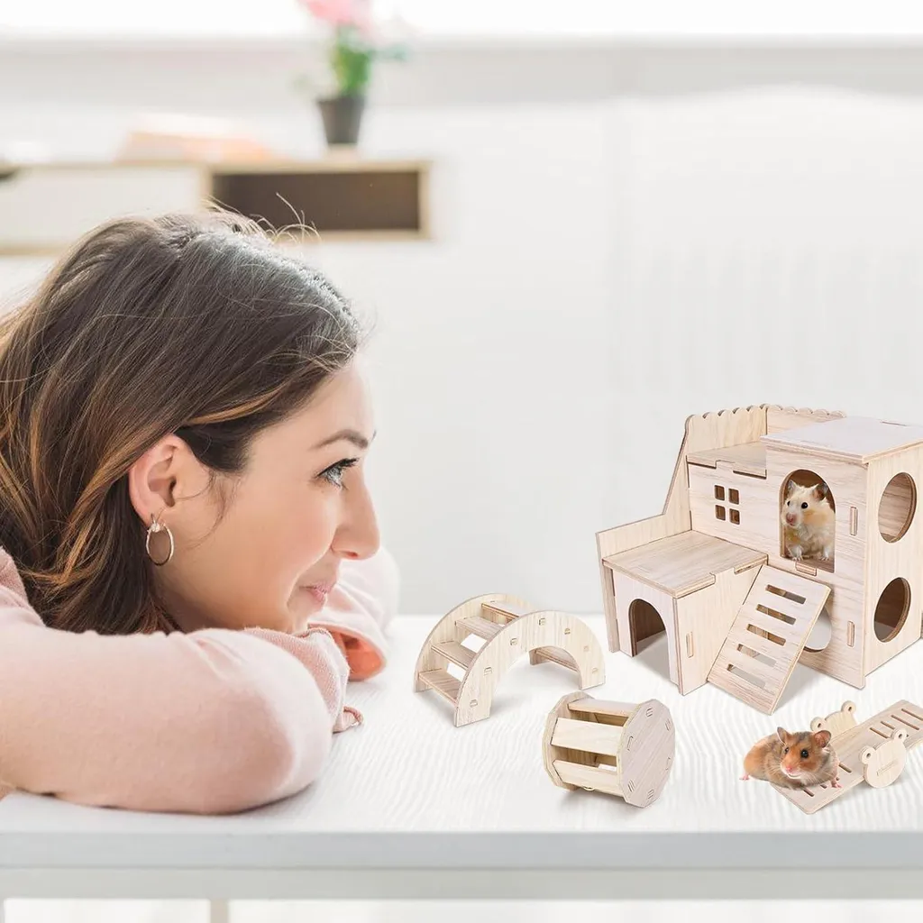 Maison bois hamster contre l'ennui avec 7 jeux pour gerbille et nain