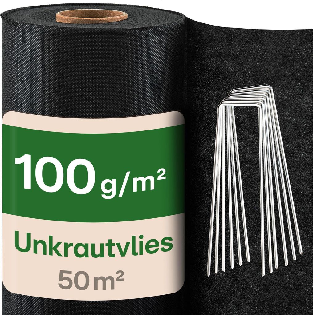 Praknu Unkrautvlies 100g/m2 Extra Stark - 50m2 - Unkrautfolie mit 24 Erdankern - Wasserdurchlässig & Reißfest - UV Stabil - Gartenvlies - Gartenf...