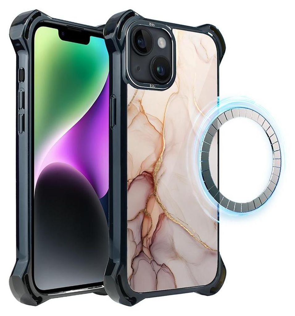 Schutzhülle für das iPhone 14, MagSafe-kompatibel, verstärkte Ecken, schwarz, rosa Marmor