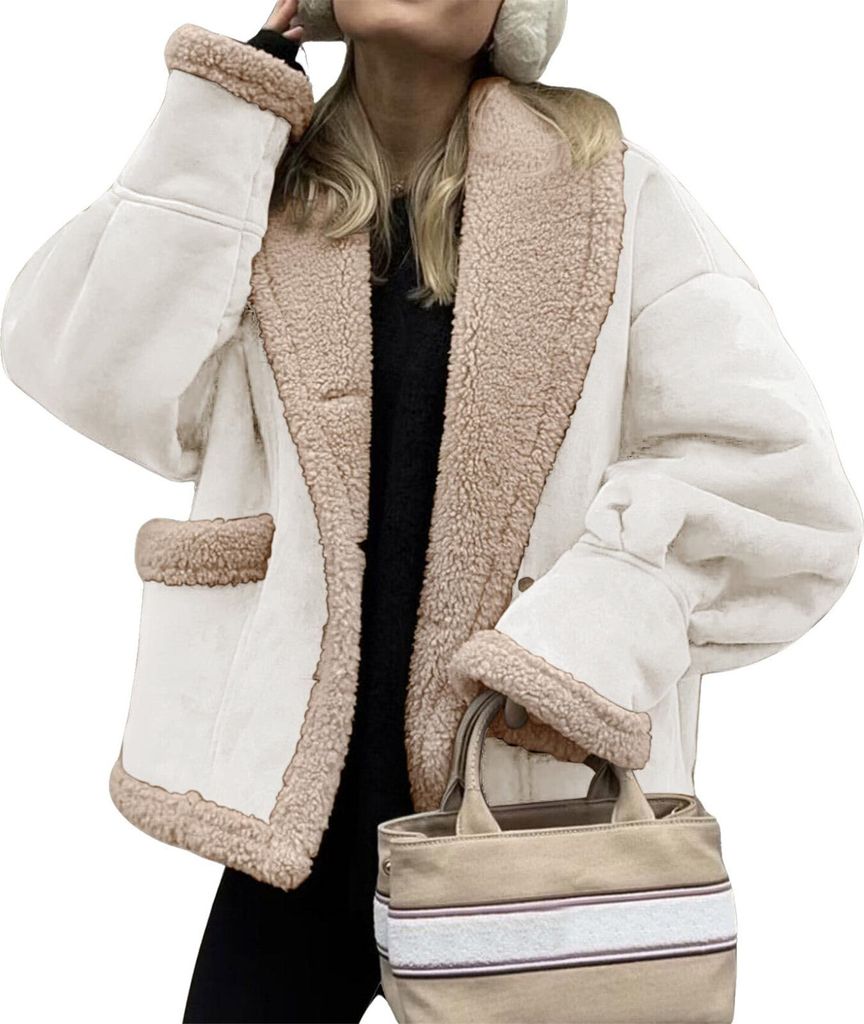 ASKSA Damen Oversized Fleecejacke Winterjacke Sherpa Futter Warm Knopfleiste Revers Kurz Jacke Vintage Faux Wildleder Mantel Plueschjacke (Weiss,L)
