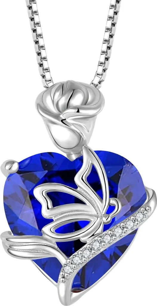 Pendentif cœur saphir bleu et chaîne argent 925 véritable 45cm