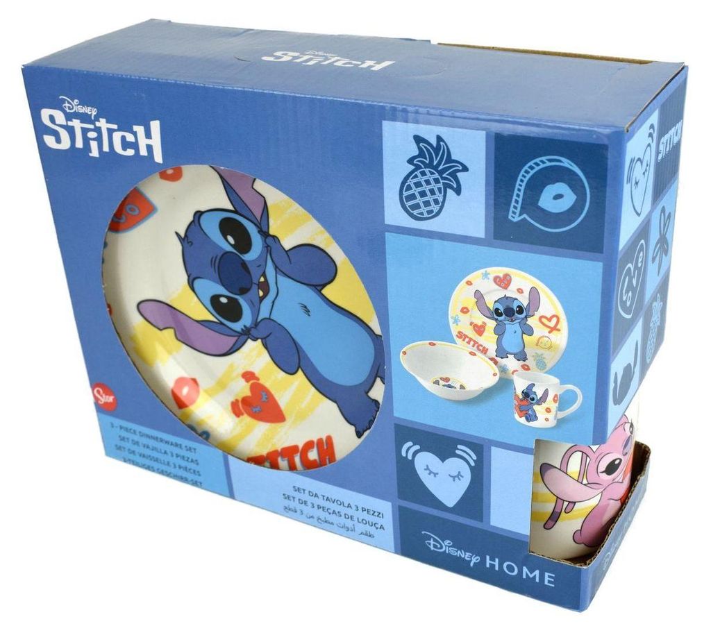 A product box for a Disney Stitch themed dinnerware set.