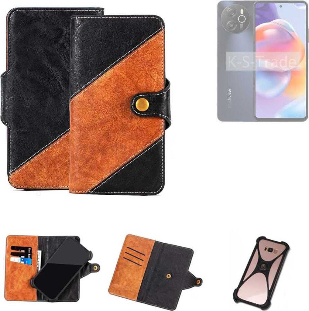 K-S-Trade Handyhülle Schutzhülle Bookstyle Case Wallet-Case kompatibel mit Blackview Shark 8 Handy Cover Bumper Klapphülle schwarz hellbraun 1x