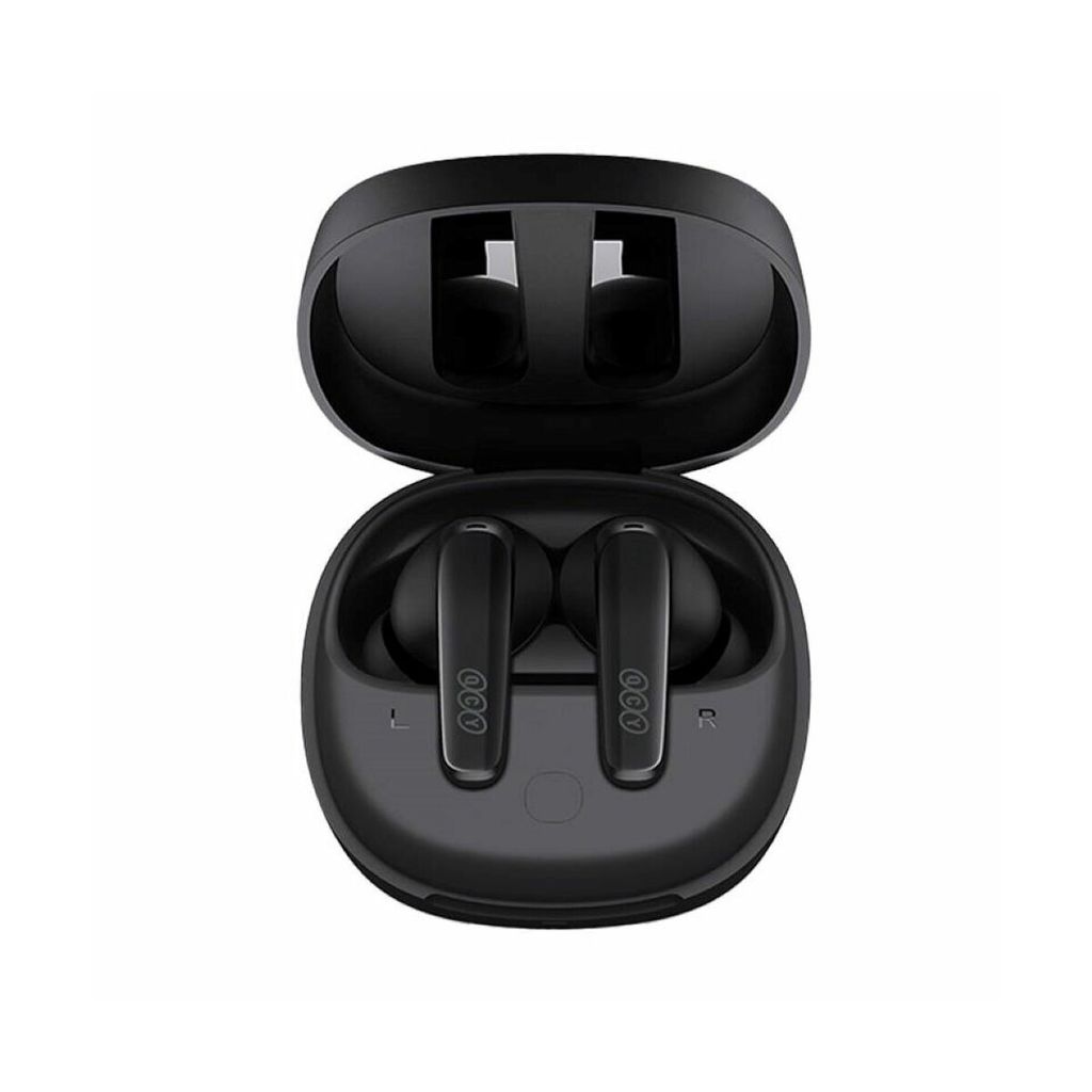 A pair of black wireless earbuds in an open charging case, presented against a white background.