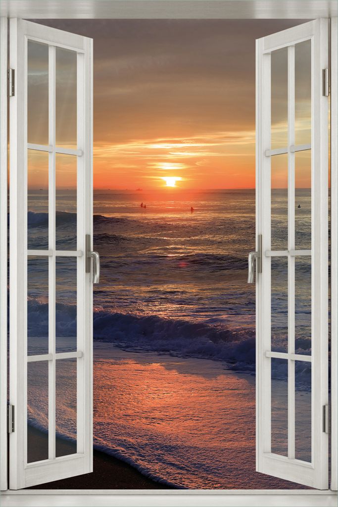 Wallario Poster mit Fenster-Illusion: Sonne über dem Meer, Größe: 100 x 150 cm