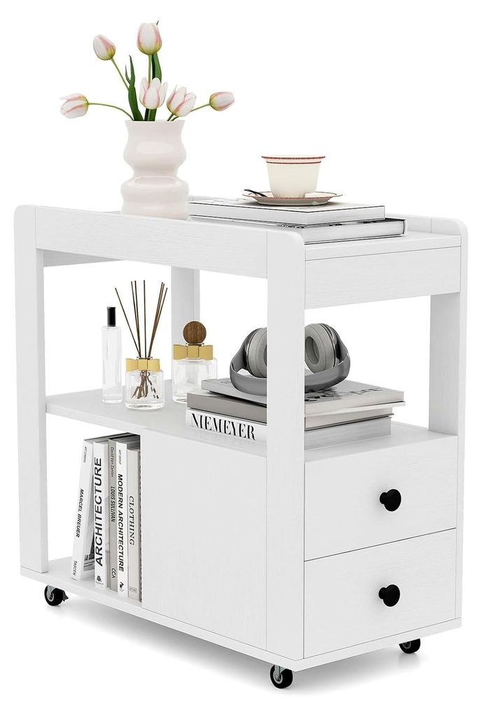 Beistelltisch mit Rollen, 2 Schubladen und offenen Regalen, Druckertisch, Nachttisch, Aktenschrank, 65x30x62 cm (Weiß)
