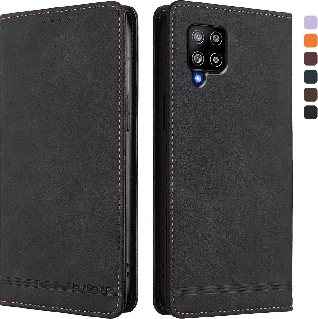 Hülle für Samsung Galaxy A42 5G, Retro Kunstleder Ständer Klapphülle mit Kartenfächer und Magnetische Schwarz
